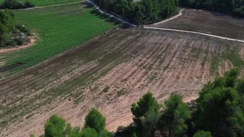 A tractor driving on a dirt road between fields in autumn Stock Footage 285647407