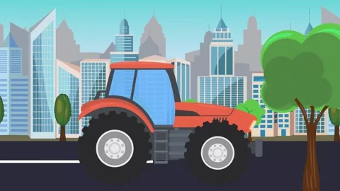 Tractor driving on the road in front of a city, cartoon animation Stock Footage 313798103
