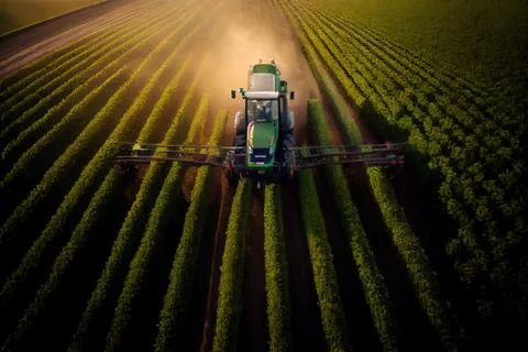 A tractor is driving through a field of crops in the sun light of the day a.. Stock Illustration