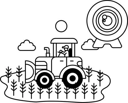 A tractor is driving through a field with a man in the driver's seat Stock Illustration