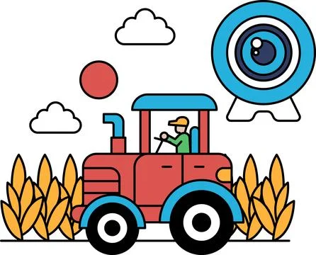 A tractor is driving through a field with a man in the driver's seat Stock Illustration