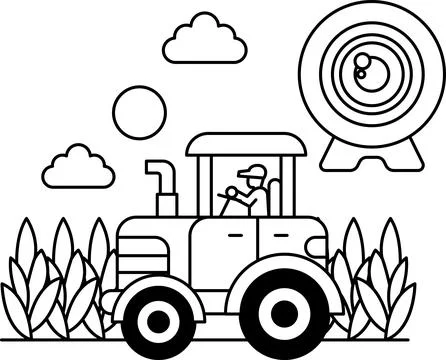A tractor is driving through a field with a man in the driver's seat Stock Illustration