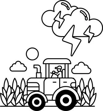 A tractor is driving through a field with a storm in the background Stock Illustration