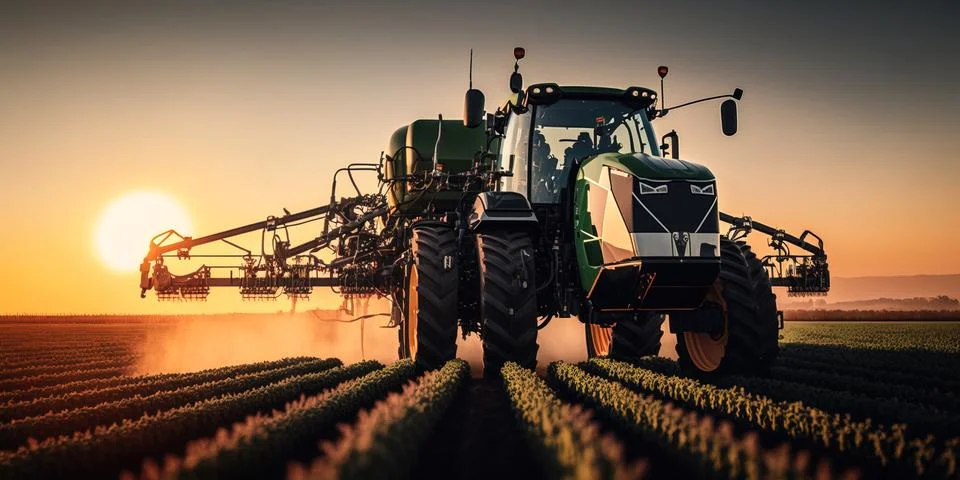 A tractor is driving through a field at sunset or dawn with the sun in the .. Stock Illustration