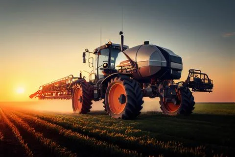 A tractor is driving through a field at sunset or dawn with the sun behind .. Stock Illustration