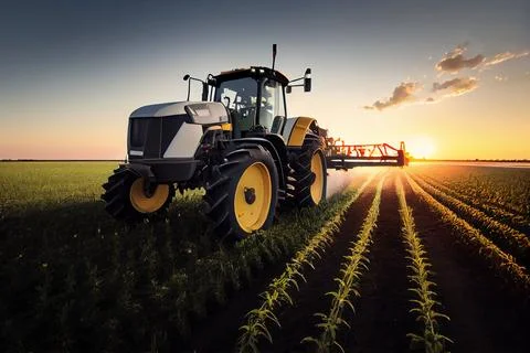 A tractor is driving through a field at sunset or dawn with the sun setting.. Illustrazione stock