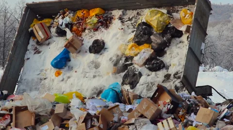Tractor Dumping the Garbage on Dumping Ground Near the Forest. Closeup Stock Footage 65441041
