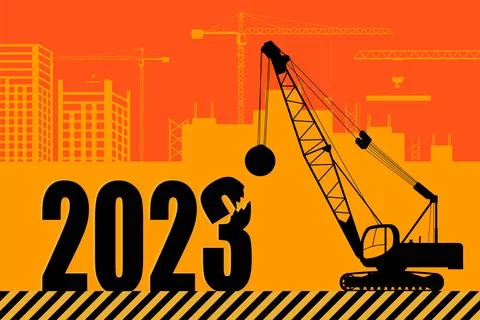 Tractor excavator with a ball-baba at work at a construction site. New Year c Stock Illustration