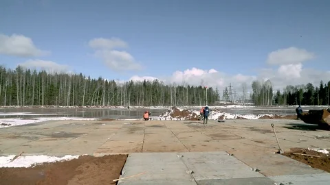 Tractor-excavator clears construction site Stock Footage 80309046