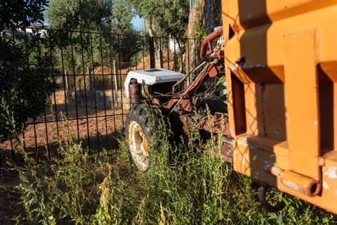 Tractor at the farm gate Stock Photos
