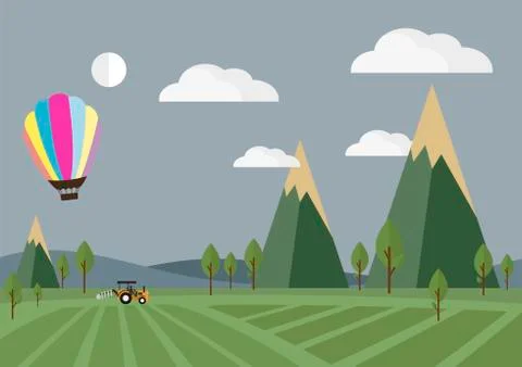 Tractor in the field with Balloon, vector illustration. Stock Illustration