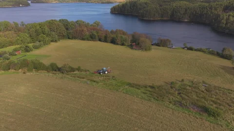 Tractor Finishing Field Work on Farm in Sveio, Norway Видео 345089049