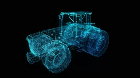 Tractor. Glow lines formation polygonal of 3d Model agrimotor. Rotating Loop Video stock 142078896