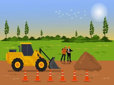 The tractor is grading to make the road. Two  construction supervisor Stock Illustration