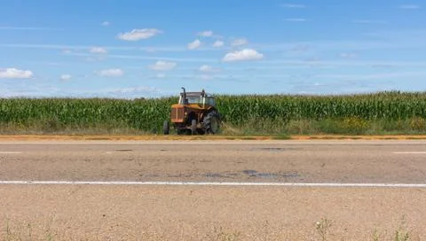 Tractor in the harvest time of cereal fields. Stock Photos