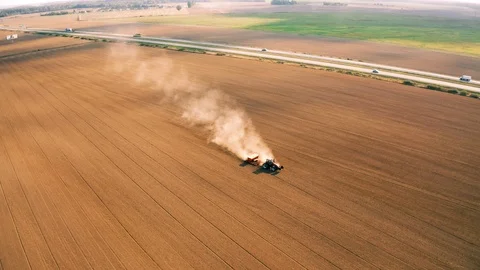 Tractor Harvester Working in the Fields, Aerial View Stock Footage 94962166