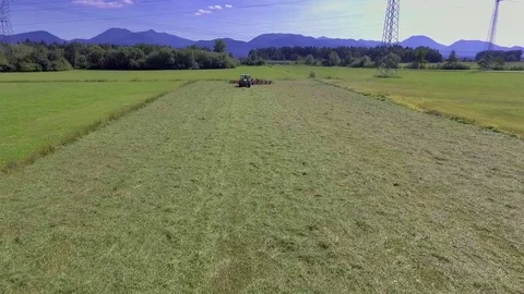 Tractor has to prepare a lot of hay on a big field Stock Footage 72955253