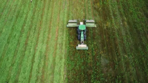 Tractor with high-tech mower works in agricultural field. Forage harvesting for Stock Footage 314060183