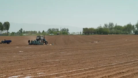 Tractor lays drip irrigation Stock Footage 327971900