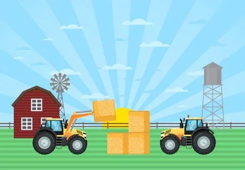 Tractor load hay bale in stack on farm Stock Illustration