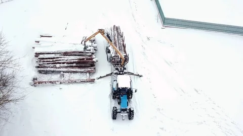 A tractor loader moves pine logs to a trailer in winter. Loading equipment for Stock Footage 101706962