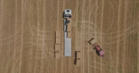 Tractor loading Hay bales onto a parked truck, Drone view. Vídeos de archivo 200929856