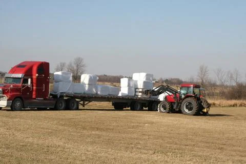 Tractor loading wrapped hay on trailer truck Stock-Fotos