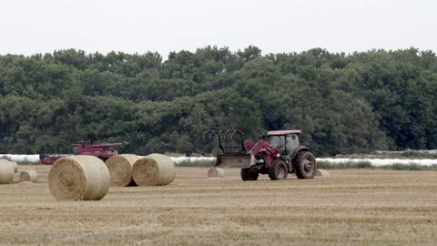 A tractor loads large hay bales in South Dakota, USA Stock Footage 157736844