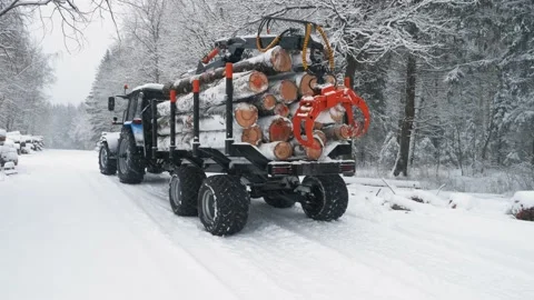 A tractor with logs on a trailer moves in reverse through the winter forest Stock Footage 169549050