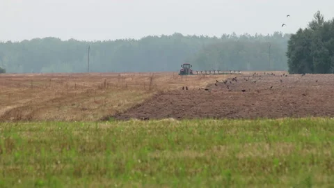 Tractor making arable the loop during seasonal tillage on picturesque farmland Stock Footage 143890698