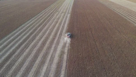 Tractor moves harvesting along boundless autumn field Stock Footage 115845338