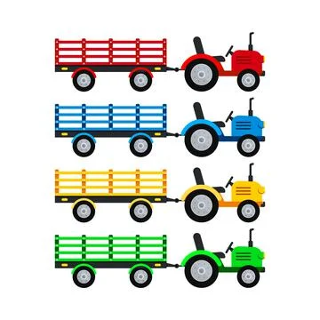 Tractor with open trailer farm set isolated on white background. Stock Illustration