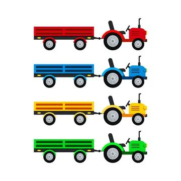 Tractor with open trailer farm vector set isolated on white background. Stock Illustration
