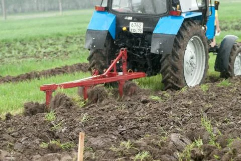 Tractor operator plows the site in rain. Tyumen Stockfoto's