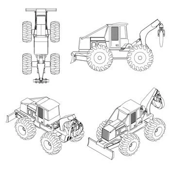 Tractor outline set from black lines isolated on white background. Side view, Stock Illustration