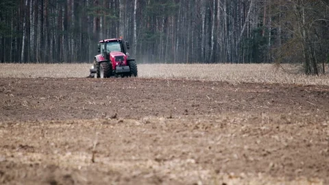 Tractor passes with a plow on the arable land. Hungry white stork flies for Stock Footage 130191035