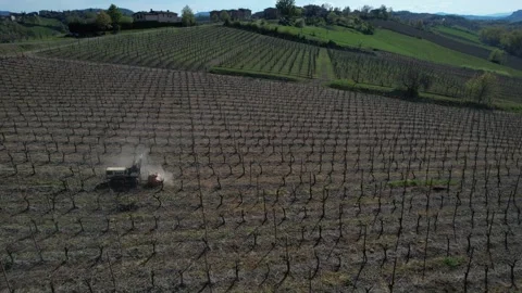 Tractor performing mechanical weed control between vineyard rows in cultivated Stock Footage 331330258