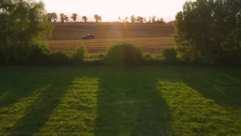 Tractor with plough plowing field behind green trees against background of Video stock 209523675
