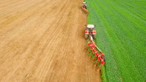 Tractor with plough working on a field.  Green manure for organic growing. Stock Footage 115511003