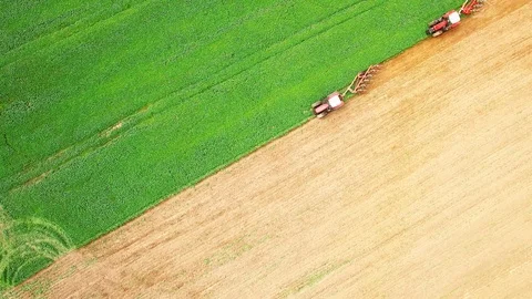 Tractor with plough working on a field.  Green manure for organic growing. 스톡 동영상 115513952