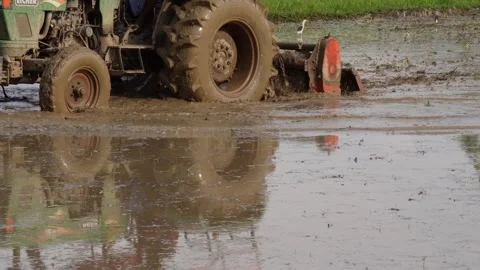 A tractor is ploughing the flooded field Stock Footage 314573574