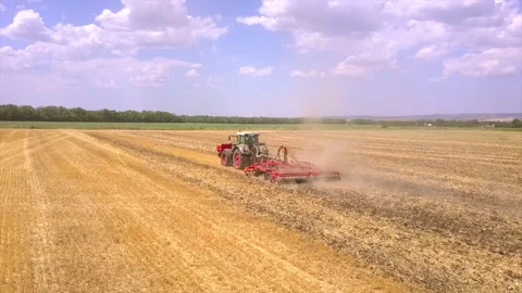 Tractor plow the field, seeding, sowing agricultural crops at field Video stock 113707686