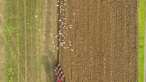 Tractor plowing a big field in the spring time, drone stock footage by DroneR Stock Footage 138695085