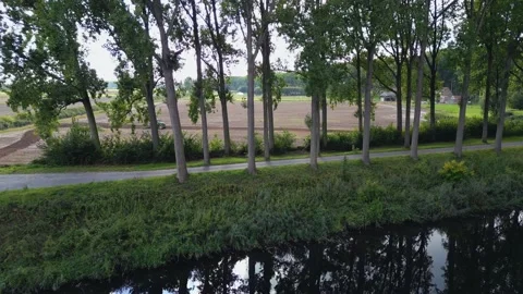 Tractor plowing corn field behind trees and scenic canal Stockbeeldmateriaal 220037924