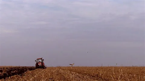 Tractor plowing field on cloudy fall day Stock Footage 48846286