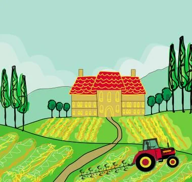 Tractor plowing field Stock Illustration