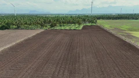 Tractor Plowing Field with Mountains and Wind Turbines – Aerial View Stock Footage 323253136