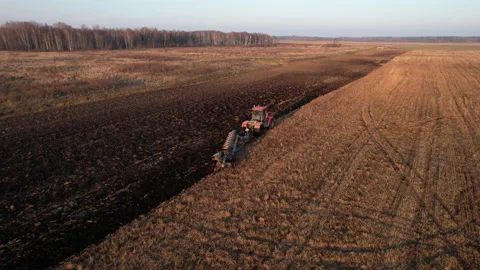 Tractor Plowing field on sunset. Cultivated land and soil tillage 動画素材 169113019