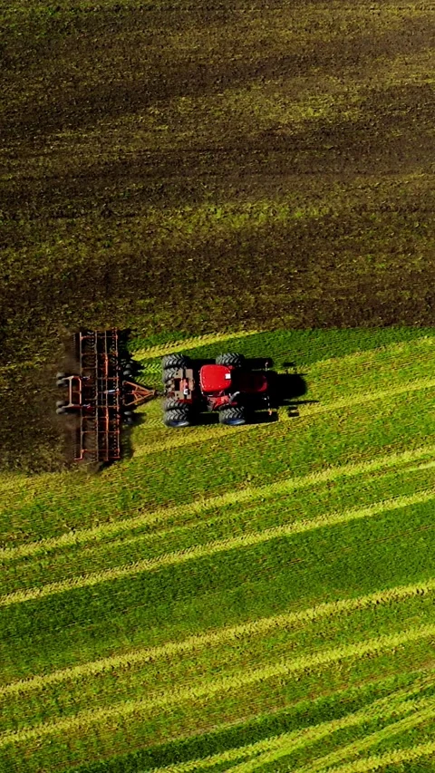 Tractor plowing fields in lush rural landscape during sunny afternoon Stock Footage 285154363