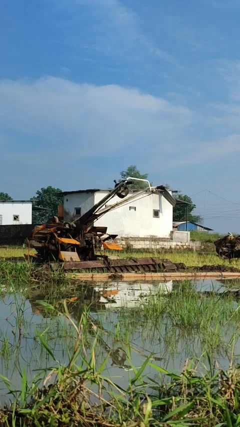 Tractor Plowing in the Middle of a Lush Rice Field Stock Footage 322895067